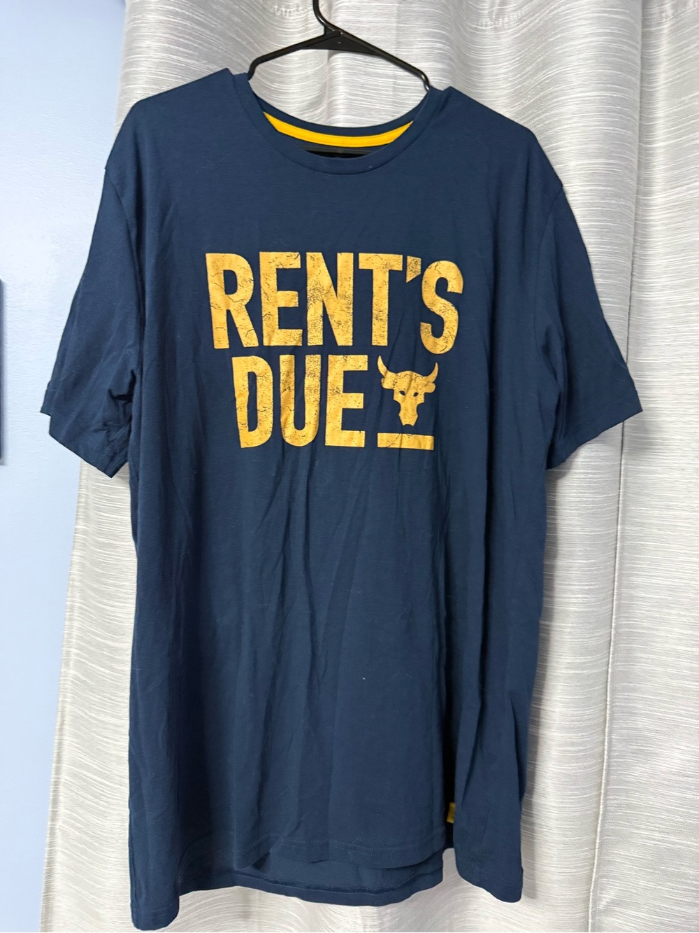Under Armour Project Rock Navy Short-Sleeve Tee with Yellow 'RENT'S DUE' Graphic